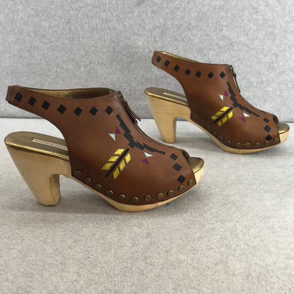 Cynthia Vincent Aztec Leather Platform Clog Sandal-Brown -Wood Heel-Women Size 8 - Picture 5 of 11